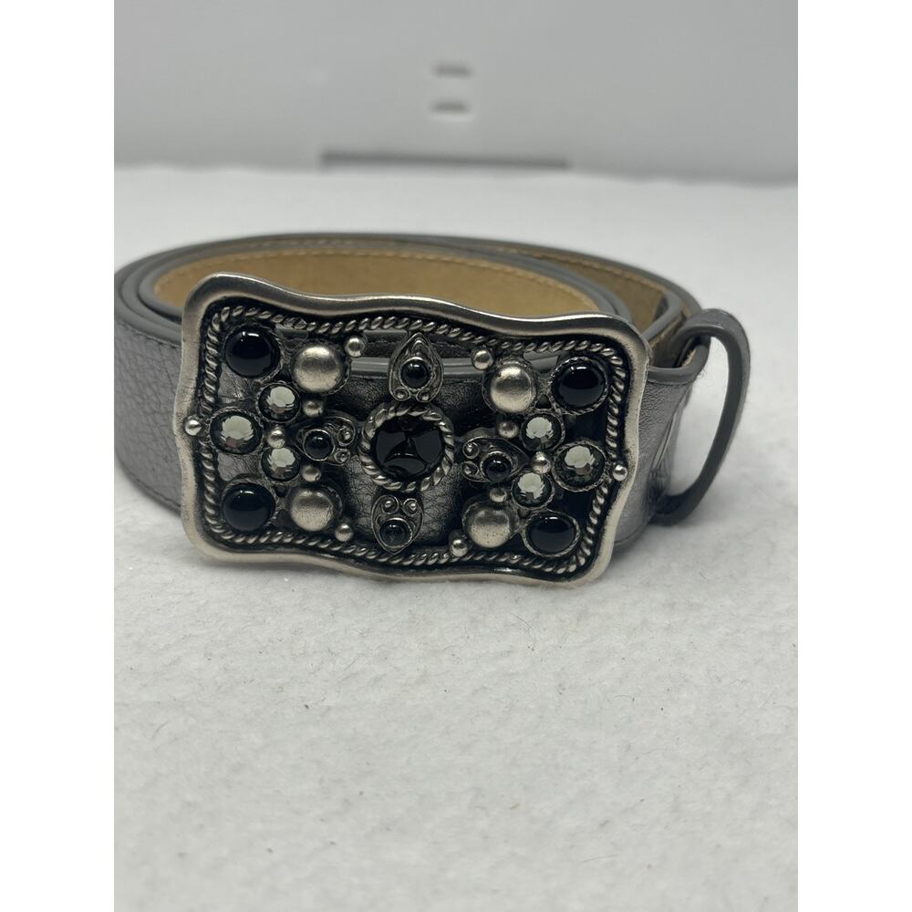 Vtg LEATHEROCK Belt Womens Sz 36 Silver Leather Rhinestone Faux Pearls Made USA‎